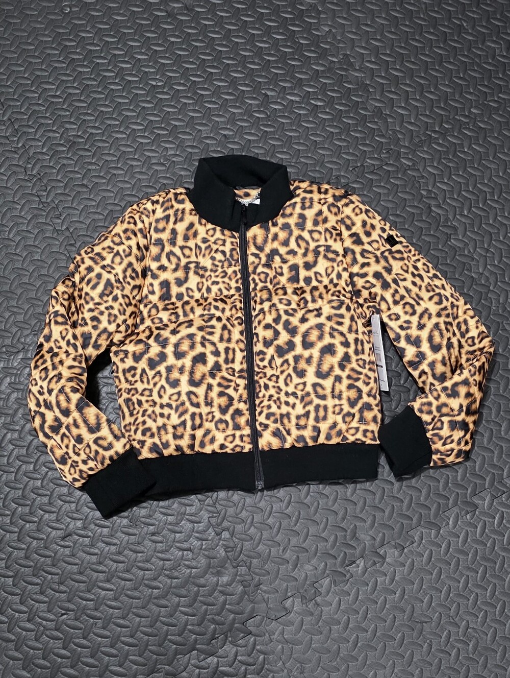 Nicole Miller Leopard-Print Bomber Jacket in Tan and Black